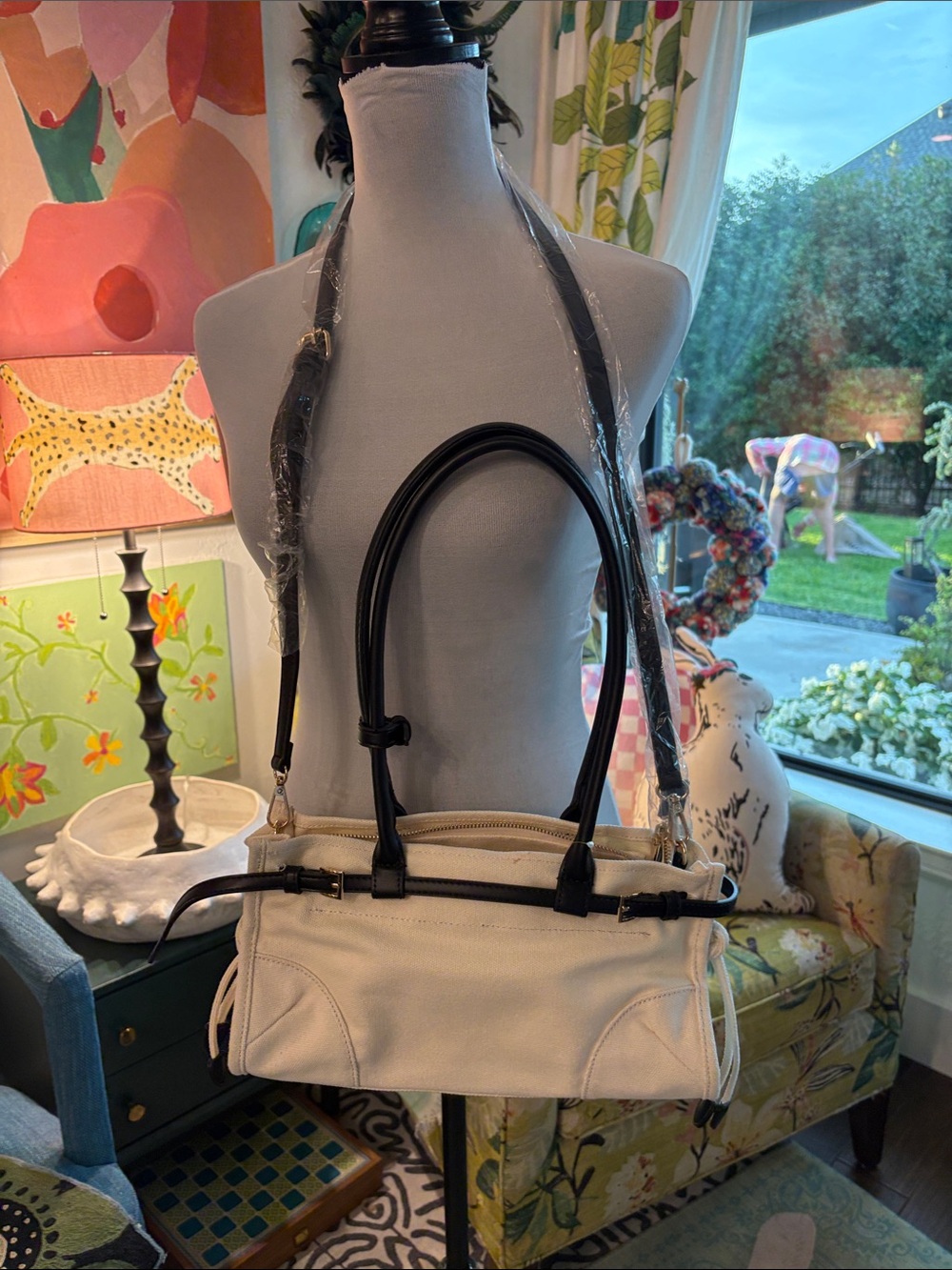 Anthropologie Canvas crossbody bag, with black Leather Handles - Cream